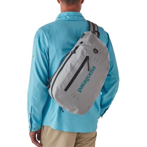Patagonia Stormfront Waterproof Sling Bag 20L on shoulder